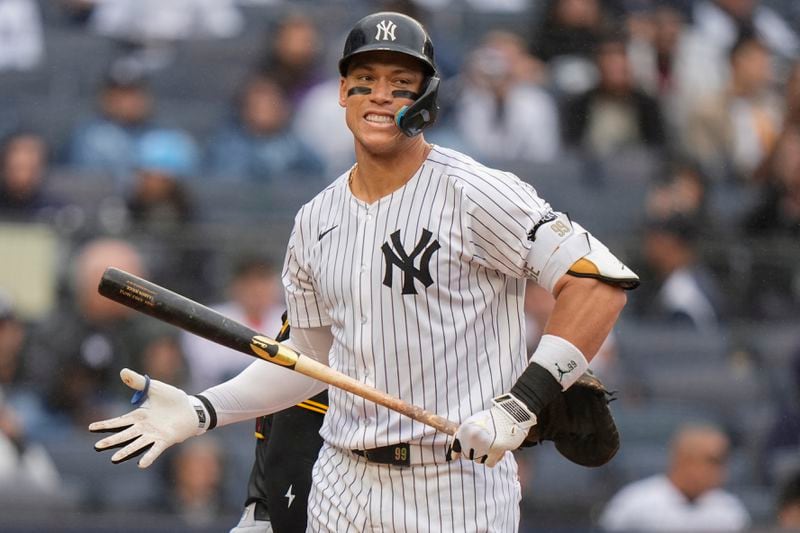 New York Yankees' Aaron Judge reacts after striking out during the sixth inning of a baseball game against the Pittsburgh Pirates, Saturday, Sept. 28, 2024, in New York. (AP Photo/Frank Franklin II)