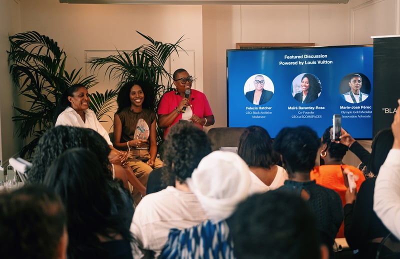 Panel discussion at the Black Ambition Reception at the LVMH Olympic Pavilion featuring: Marie-José Pérec (left), Olympic Gold Medalist; Maïré Bavarday-Rosa (center), Co-Founder and CEO at ECOMSPACES; and Felecia Hatcher (right), CEO of Black Ambition

CREDIT: Jean-Bernard Matugas