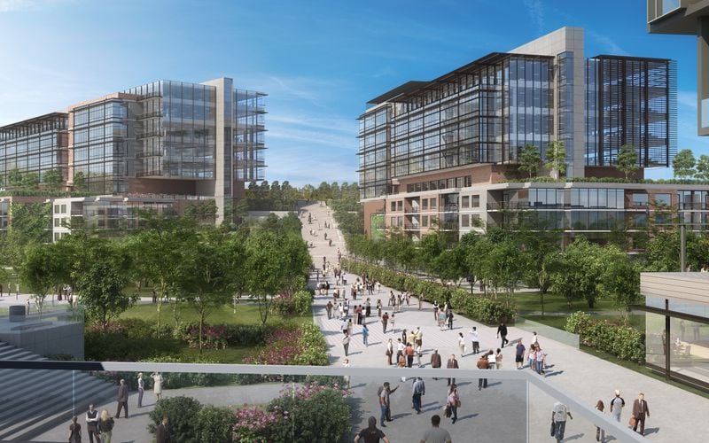 A rendering shows office buidings at the proposed Quarry Yards development near the future Westside Reservoir Park in Atlanta.