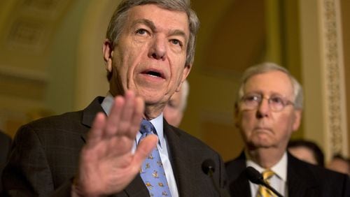 Sen. Roy Blunt, R-Mo., left, accompanied by Senate Majority Leader Mitch McConnell of Ky., speaks during a news conference in Washington on Tuesday, May 17, 2016. (AP Photo/Jacquelyn Martin)