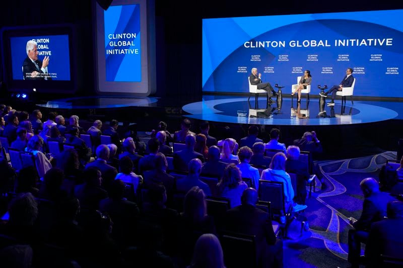 Bill Clinton, Founder and Board Chair of the Clinton Foundation & 42nd President of the United States, speaks to guess during the Clinton Global Initiative, on Monday, Sept. 23, 2024, in New York. (AP Photo/Andres Kudacki)