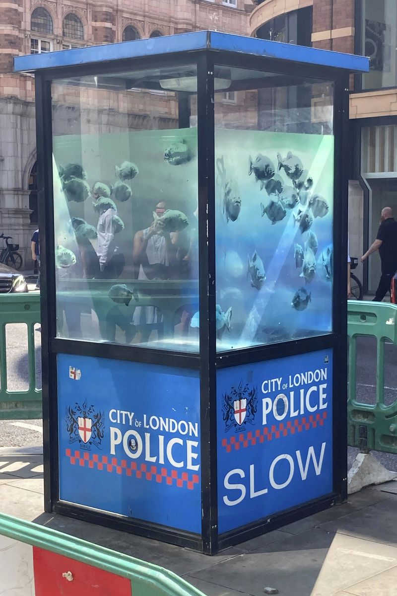 A new design of swimming fish by Banksy, which appeared on a police box in the City of London is cordoned off, in London, Monday Aug. 12, 2024. (Emily Pennink/PA via AP)