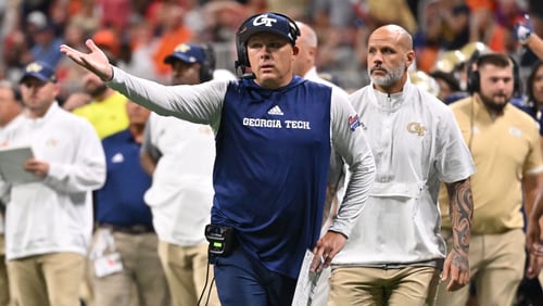 Georgia Tech  coach Geoff Collins reacts during the first half of a Chick-fil-A Kickoff game at Mercedes-Benz Stadium in Atlanta on Monday, September 5, 2022. (Hyosub Shin / Hyosub.Shin@ajc.com)