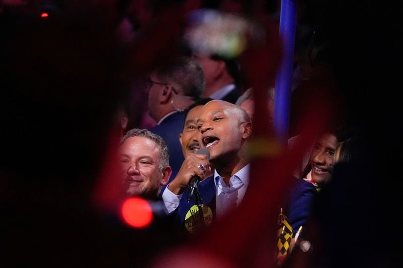 Maryland Gov. Wes Moore speaks during roll call of the state at the Democratic National Convention Tuesday, Aug. 20, 2024, in Chicago. (AP Photo/Brynn Anderson)