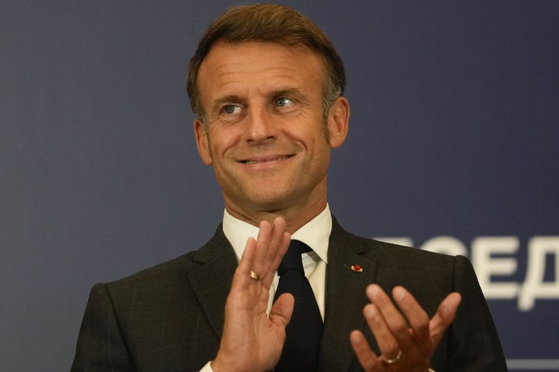 French President Emmanuel Macron applauds after the signing of bilateral documents in Belgrade, Serbia, Thursday, Aug. 29, 2024. French President Emmanuel Macron starts a two-day state visit to Serbia with the focus on a possible sale of 12 Rafale multi-purpose fighter jets to a country that has maintained close ties to Russia despite its aggression on Ukraine. (AP Photo/Darko Vojinovic)