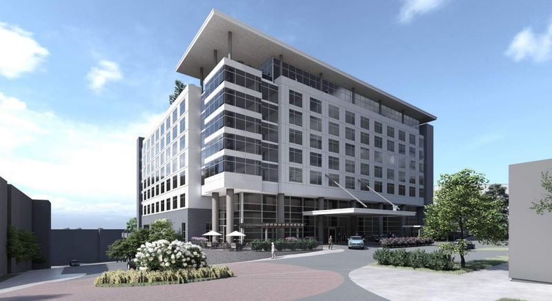 This is a rendering from 2021 of an eight-story Hilton hotel proposed as part of Emerson Center in Smyrna. The project has been revamped into the larger South Spring development. (Photo provided/Rass Associates)