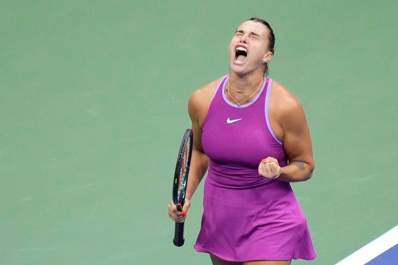 Aryna Sabalenka, of Belarus, reacts against Jessica Pegula, of the United States, during the women's singles final of the U.S. Open tennis championships, Saturday, Sept. 7, 2024, in New York. (AP Photo/Kirsty Wigglesworth)