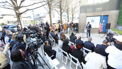 Atlanta Mayor Andre Dickens addresses the crowd during the unveiling of the new Buckhead mini-precinct on Thursday, January 13, 2022. Miguel Martinez for The Atlanta Journal-Constitution
