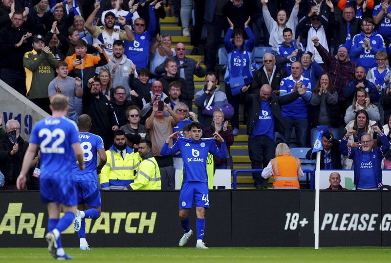 Leicester City's Facundo Buonanotte celebrates scoring their side's first goal of the game during the Premier League match at the King Power Stadium, London, Saturday Oct. 5, 2024. (Mike Egerton/PA via AP)