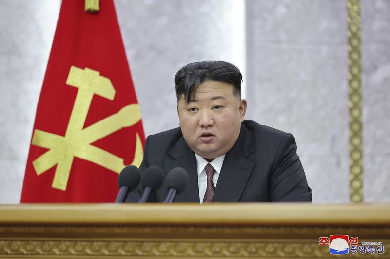 In this photo provided on Tuesday, July 2, 2024, by the North Korean government, North Korean leader Kim Jong Un delivers a speech during a meeting of Central Committee of the Workers' Party of Korea held from June 28 until July 1, in Pyongyang, North Korea. Independent journalists were not given access to cover the event depicted in this image distributed by the North Korean government. The content of this image is as provided and cannot be independently verified. Korean language watermark on image as provided by source reads: "KCNA" which is the abbreviation for Korean Central News Agency. (Korean Central News Agency/Korea News Service via AP)