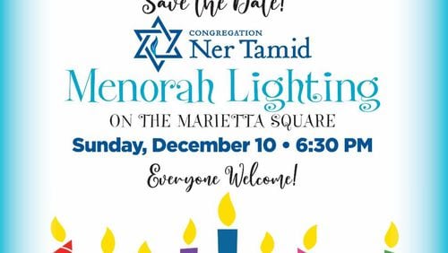 Congregation Ner Tamid will host a Menorah Lighting during the Jewish celebration of Hanukkah at 6:30 p.m. Dec. 10 on the Glover Park Stage, Marietta Square, 4 Depot St. NE, Marietta. (Courtesy of Congregation Ner Tamid)