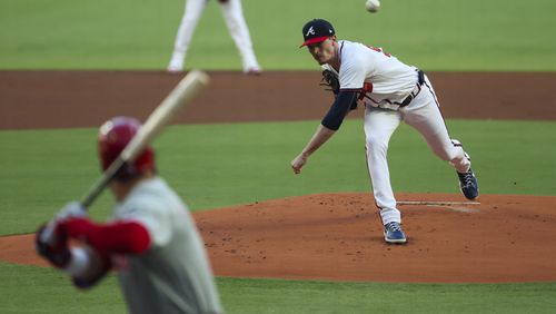 Atlanta Braves starting pitcher Max Fried delivers to Philadelphia Phillies designated hitter Kyle Schwarber during the first inning at Truist Park, Wednesday, August 21, 2024, in Atlanta. (Jason Getz / AJC)
