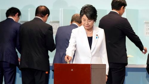 Japan's Foreign Minister and one of the candidates Yoko Kamikawa casts her ballot at the Liberal Democratic Party's (LDP) leadership election Friday, Sept. 27, 2024, in Tokyo. (AP Photo/Hiro Komae, Pool)