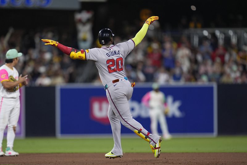 Atlanta Braves' Marcell Ozuna celebrates after hitting a home run during the ninth inning of a baseball game against the San Diego Padres, Friday, July 12, 2024, in San Diego. (AP Photo/Gregory Bull)