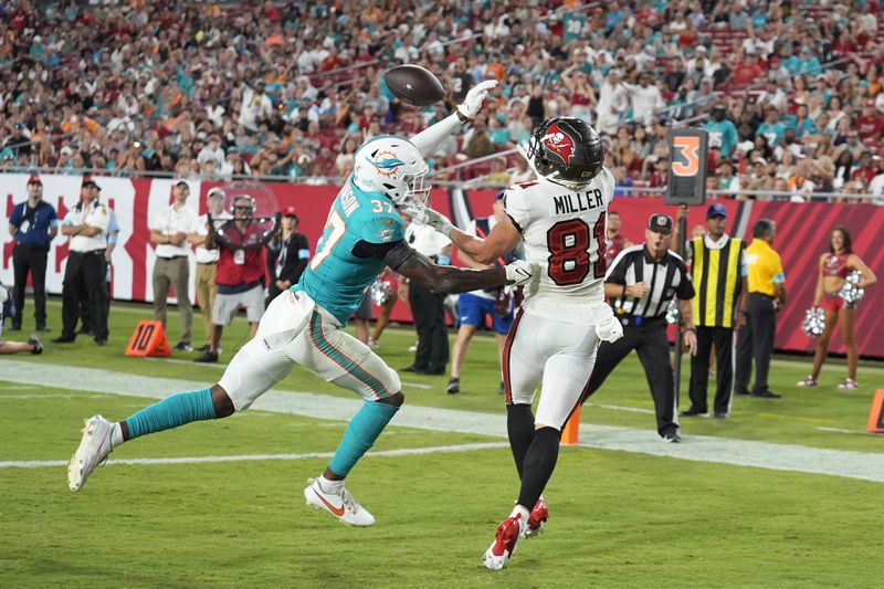 Miami Dolphins cornerback Isaiah Johnson (37) breaks up a pass in the end zone intended for Tampa Bay Buccaneers wide receiver Ryan Miller (81) during the second half of a pre season NFL football game, Friday, Aug. 23, 2024, in Tampa, Fla. (AP Photo/Chris O'Meara)