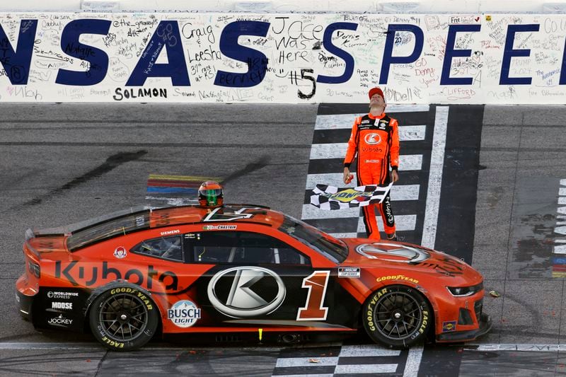 Ross Chastain reacts after winning a NASCAR Cup Series auto race at Kansas Speedway in Kansas City, Kan., Sunday, Sept. 29, 2024. (AP Photo/Colin E. Braley)