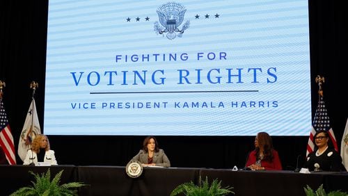 Vice President Kamala Harris speaks to voting rights activists and elected officials during a round table at the Gathering Spot in Atlanta on Tuesday, January 9, 2024, in Atlanta. For Biden and Harris, the visits to Georgia and other political battlegrounds are part of an early 2024 campaign swing that aims to energize Black and Latino voters. (Miguel Martinez /miguel.martinezjimenez@ajc.com_