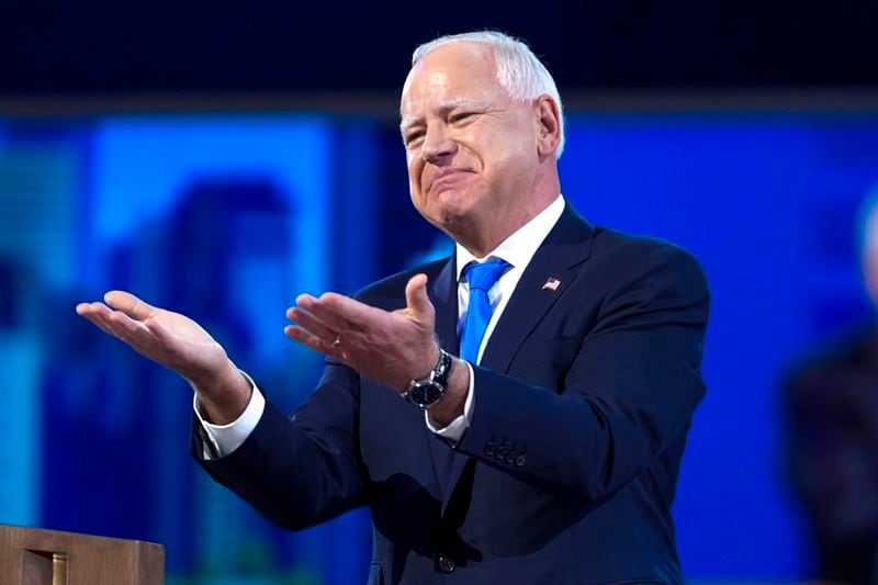 Democratic vice presidential nominee Minnesota Gov. Tim Walz speaks during the Democratic National Convention Wednesday, Aug. 21, 2024, in Chicago. (AP Photo/Paul Sancya)