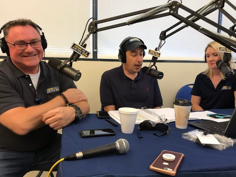 "Smilin' " Mark McKay, Mark Arum and Ashley Frasca at the WSB Careathon July 26, 2018 at AFLAC Cancer Center.