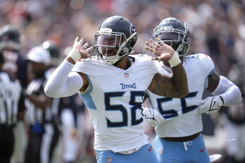 Tennessee Titans linebacker Harold Landry III celebrates his sack of Chicago Bears quarterback Caleb Williams during the second half of an NFL football game Sunday, Sept. 8, 2024, in Chicago. (AP Photo/Erin Hooley)