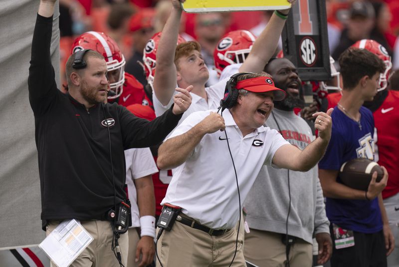 Georgia head coach Kirby Smart reacts on the sideline during the second half of an NCAA college football game against Tennessee Tech Saturday, Sept. 7, 2024, in Athens, Ga. (AP Photo/John Bazemore)