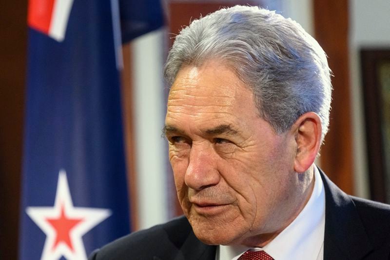 New Zealand Foreign Minister Winston Peters comments during an interview with The Associated Press in his parliamentary office in the capital, Wellington, Thursday, Aug. 22, 2024. (AP Photo/Mark Tantrum)