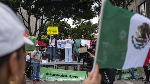 Judicial workers lead a strike to protest the government's proposed judicial reform, which would make judges stand for election, outside the Senate in Mexico City, Friday, Sept. 6, 2024. (AP Photo/Jon Orbach)