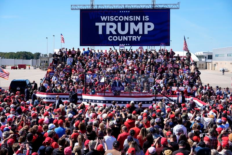 Republican presidential nominee former President Donald Trump speaks during a campaign event at Central Wisconsin Airport, Saturday, Sept. 7, 2024, in Mosinee, Wis. (AP Photo/Morry Gash)