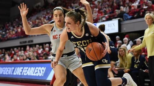 Georgia Tech guard Francesca Pan scored a career-high 30 points against No. 4 N.C. State February 16, 2020, in Raleigh, N.C. (NC State Athletics/Chris Downey )