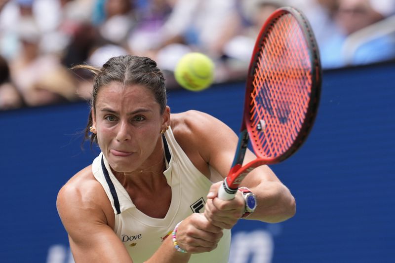 Emma Navarro, of the United States, reacts after defeating Victoria Azarenka, of Belarus, during the third round of the U.S. Open tennis championships, Friday, Aug. 30, 2024, in New York. (AP Photo/Matt Rourke)