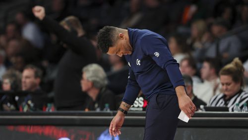 Georgia Tech head coach Damon Stoudamire reacts to a play during Tech’s loss to Wake Forest during the second half at McCamish Pavilion, Tuesday, February 6, 2024, in Atlanta. Wake Forest won 80-51. (Jason Getz / Jason.Getz@ajc.com)