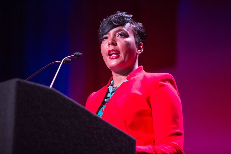 Keisha Lance Bottoms, Mayor of Atlanta, speaks at the State Of The City Business Breakfast last Thursday. She touted her commitment to transparency and ethics reform among her accomplishments during her first 14 months in office. (Photo by Phil Skinner)