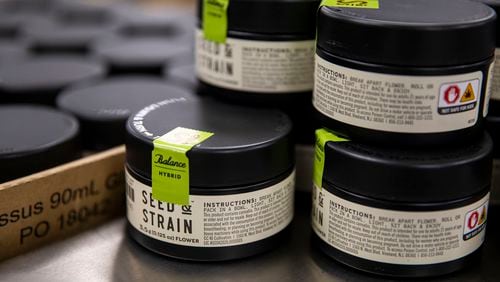 One of the brands Seed & Strain containing 3.5 grams (1/8 ounce) of buds, or flowers, in the packaging area at Columbia Care in Vineland, New Jersey. (Tyger Williams/The Philadelphia Inquirer/TNS)