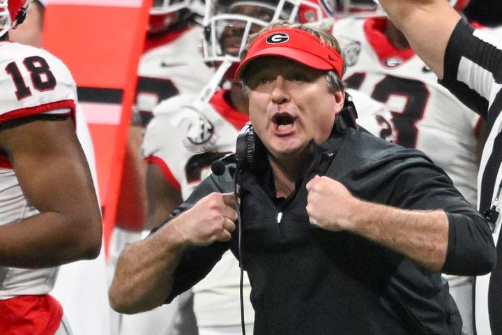 Georgia Bulldogs head coach Kirby Smart reacts on the sideline against the Alabama Crimson Tide during the second half of the SEC Championship football game at the Mercedes-Benz Stadium in Atlanta, on Saturday, December 2, 2023. (Hyosub Shin / Hyosub.Shin@ajc.com)