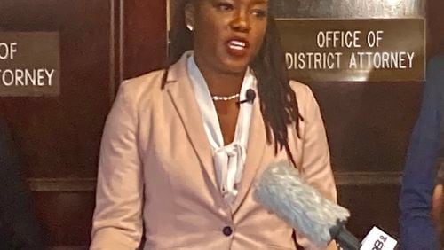 Chatham County District Attorney Shalena Cook Jones dismissed charges in five murder cases Thursday. She made the announcement at the Chatham County Courthouse in downtown Savannah. (Adam Van Brimmer/AJC)