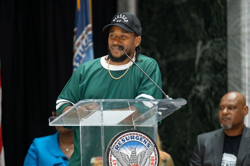 Kawan “KP The Great” Prather gives his remarks to the graduates of the Rico Wade Music Executive Training Program at the Commencement Ceremony in City Hall.