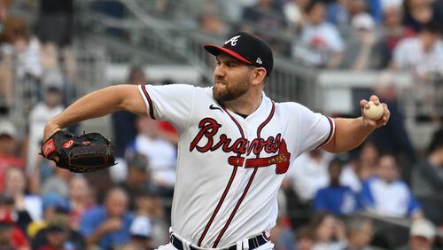 Atlanta Braves' relief pitcher Dylan Lee (52) throws a pitch against Boston Red Sox during the first inning at Truist Park, Wednesday, May 10, 2023, in Atlanta. (Hyosub Shin / Hyosub.Shin@ajc.com)