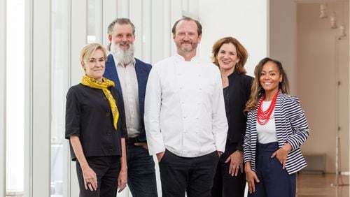 Chef Craig Richards is partnering with the Woodruff Arts Center to open Elise in 2025. Those involved include (from left) Hala Moddelmog, president and CEO of the Woodruff Arts Center; Chris Blackburn, director of hospitality for Elise; chef Craig Richards; Susan Ambo, CFO of the Atlanta Symphony; and Tinashe Kajese-Bolden, Alliance Theatre artistic director. / Courtesy of Elise