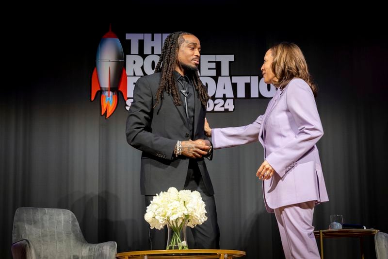 Vice President Kamala Harris, right, greets hip-hop star Quavo at his summit to stop gun violence at the Carter Center in Atlanta on Tuesday, June 18, 2024. (Arvin Temkar/Atlanta Journal-Constitution via AP)