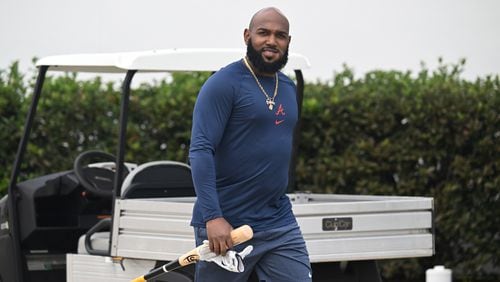 Atlanta Braves designated hitter Marcell Ozuna walks to an indoor batting practice facility during spring training workouts at CoolToday Park, Monday, February, 19, 2024, in North Port, Florida. (Hyosub Shin / Hyosub.Shin@ajc.com)