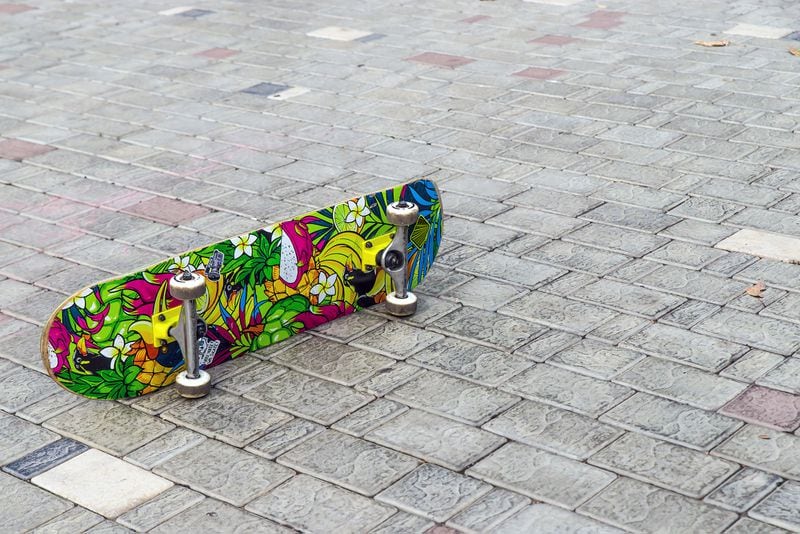 Moscow, Russia â€” August 25, 2019: Skateboard in the Park on the cobblestones. Skateboarding Day in Moscow