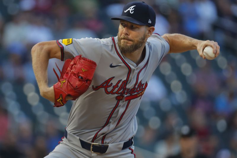 Atlanta Braves starting pitcher Chris Sale throws to the Minnesota Twins in the third inning of a baseball game Wednesday, Aug. 28, 2024, in Minneapolis. (AP Photo/Bruce Kluckhohn)