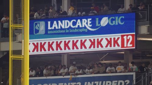 San Diego Padres pitcher Michael King (34) is recognized after 12 strikeouts through the seventh inning of National League Division Series Wild Card Game One at Petco Park in San Diego on Tuesday, Oct. 1, 2024.   (Jason Getz / Jason.Getz@ajc.com)