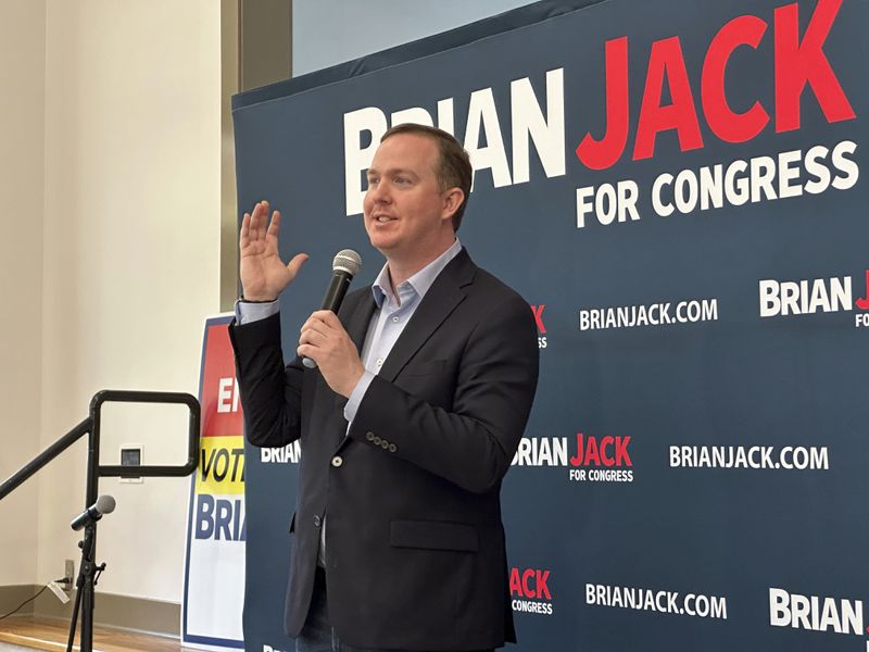 FILE - Georgia Republican Brian Jack speaks at a campaign event in Newnan, Ga., on Monday, June 10, 2024. Jack is competing with fellow Republican Mike Dugan in a Tuesday, June 18, 2024, runoff for the GOP nomination in the 3rd Congressional District south and west of Atlanta. (AP Photo, Jeff Amy, File)