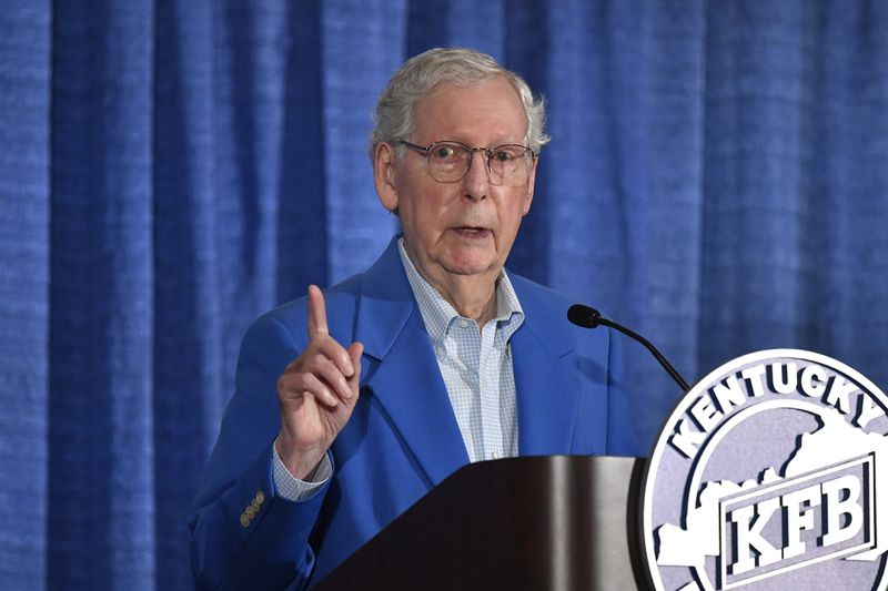 Senate Minority Leader Mitch McConnell, R-Ky., speaks to the audience gathered at the Kentucky State Fair Ham Breakfast at the Kentucky Exhibition Center in Louisville, Ky., Thursday, Aug. 22, 2024. (AP Photo/Timothy D. Easley)