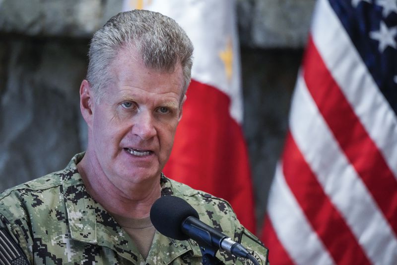 U.S. Indo-Pacific Command Commander, Admiral Samuel Paparo gestures during a press conference on the Mutual Defense Board-Security Engagement Board meeting held at the Philippine Military Academy in Baguio, northern Philippines on Thursday, Aug. 29, 2024. (AP Photo/Aaron Favila)