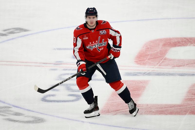 FILE - Washington Capitals left wing Ivan Miroshnichenko (63) in action during the third period of an NHL preseason hockey game against the Columbus Blue Jackets, Sept. 27, 2024, in Washington. (AP Photo/Nick Wass, file)