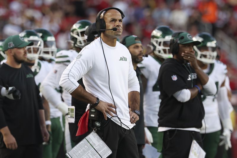 New York Jets head coach Robert Saleh, center, watches from the sideline during the second half of an NFL football game against the San Francisco 49ers in Santa Clara, Calif., Monday, Sept. 9, 2024. (AP Photo/Jed Jacobsohn)