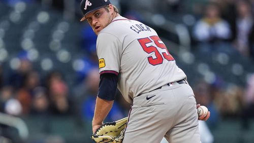 Atlanta Braves pitcher Bryce Elder (55) throws during the first inning of a baseball game against the New York Mets, Sunday, May 12, 2024, in New York. (AP Photo/Julia Nikhinson)