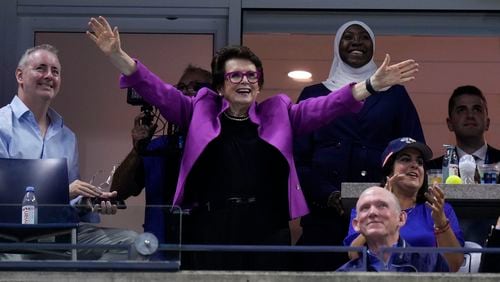 Billie Jean King waves to the crowd during the women's singles semifinals between Emma Navarro, of the United States, and Aryna Sabalenka, of Belarus, of the U.S. Open tennis championships, Thursday, Sept. 5, 2024, in New York. (AP Photo/Seth Wenig)